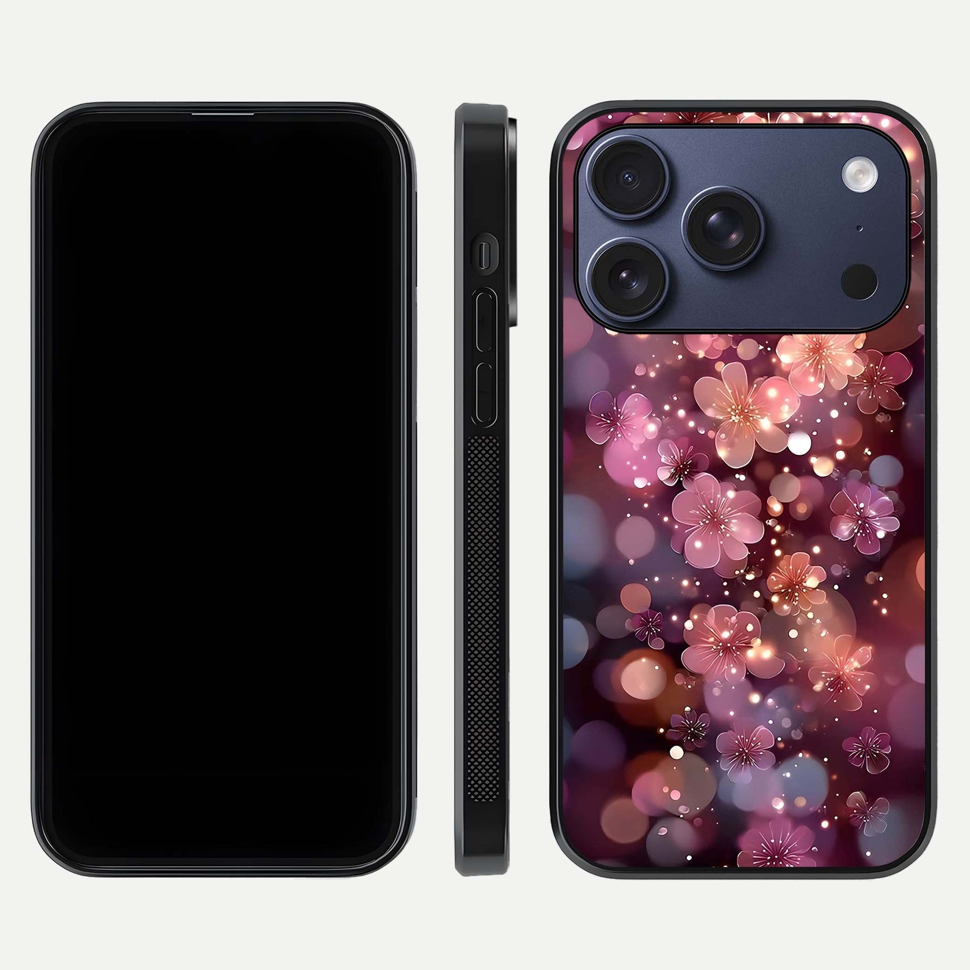 Glowing Petal Bliss Glass Case for iPhone 17 Pro front and back view layout displaying artistic floral design and curved glass