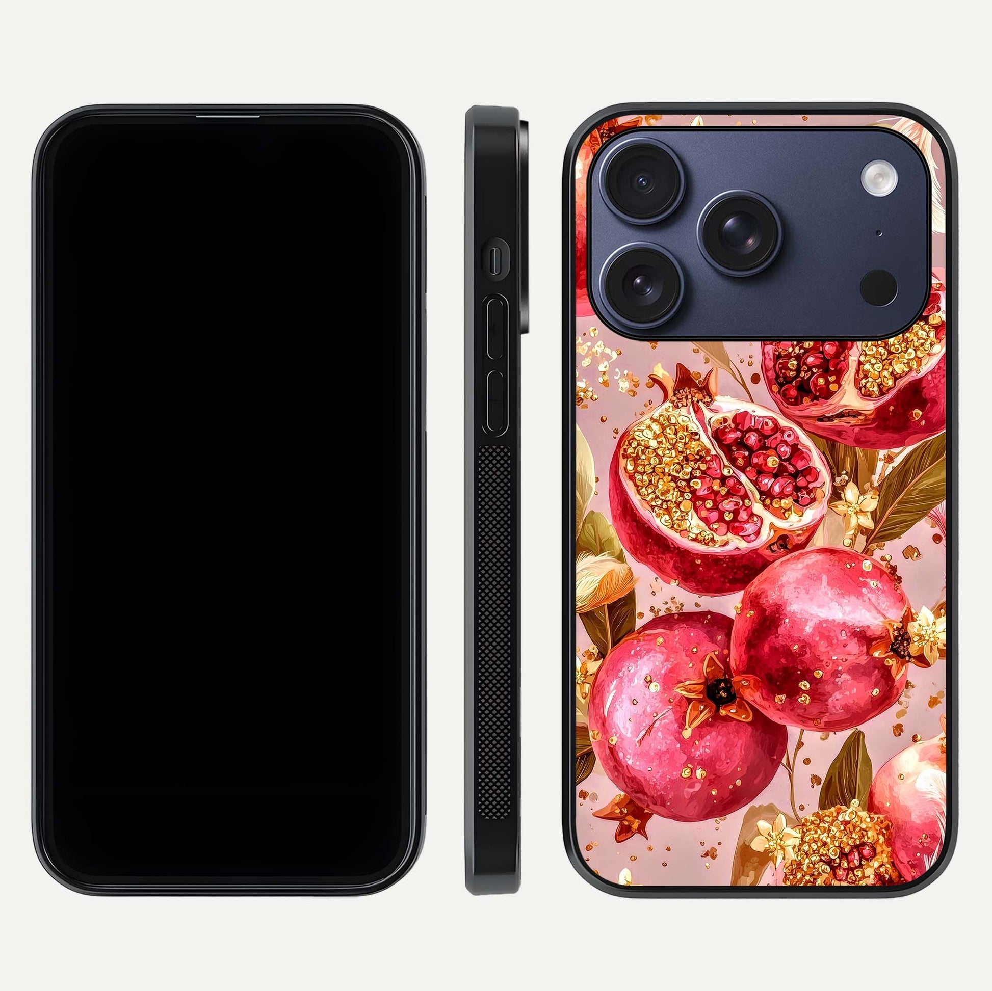 Golden Bloom Glow Glass Case for iPhone 17 Pro front and back view layout highlighting luxury floral pattern and curved edges