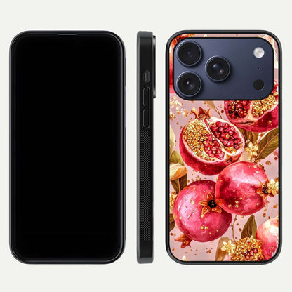 Golden Bloom Glow Glass Case for iPhone 17 Pro front and back view layout highlighting luxury floral pattern and curved edges