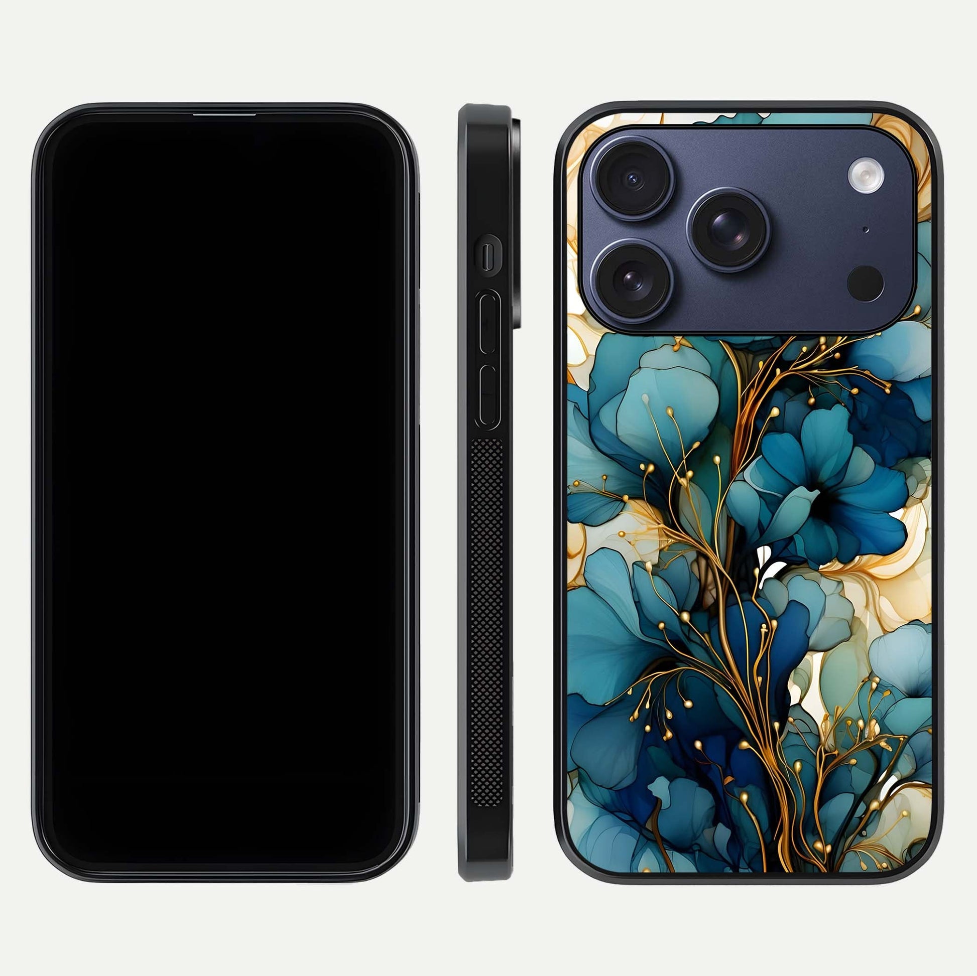Golden Bloom Symphony Glass Case for iPhone 17 Pro front and back view layout highlighting rich floral tones and curved glass edges