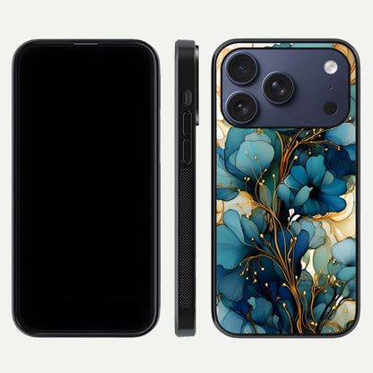 Golden Bloom Symphony Glass Case for iPhone 17 Pro front and back view layout highlighting rich floral tones and curved glass edges