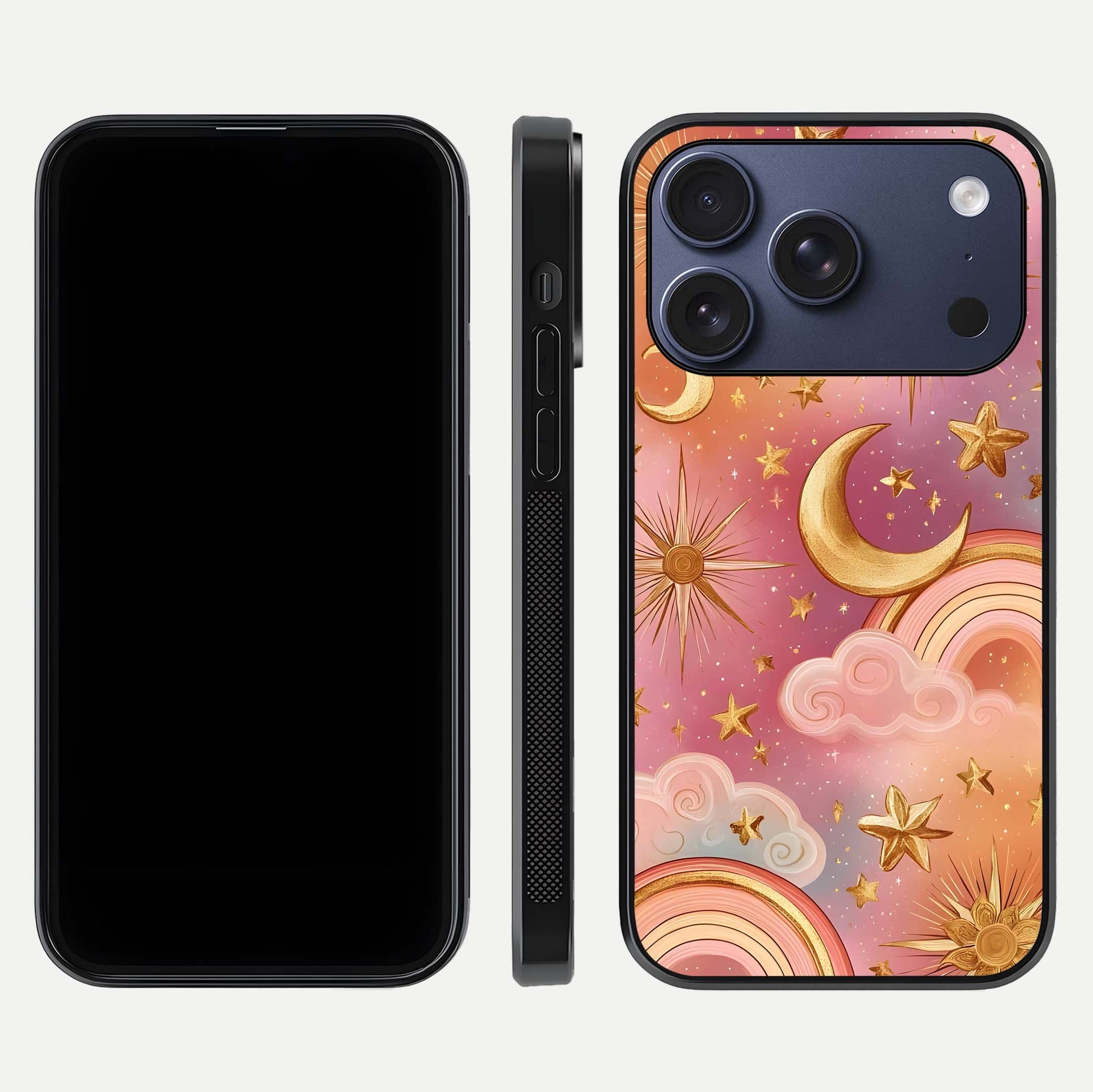 Golden Celestial Dreams Glass Case for iPhone 17 Pro front and back view layout highlighting celestial motifs and smooth curved edge