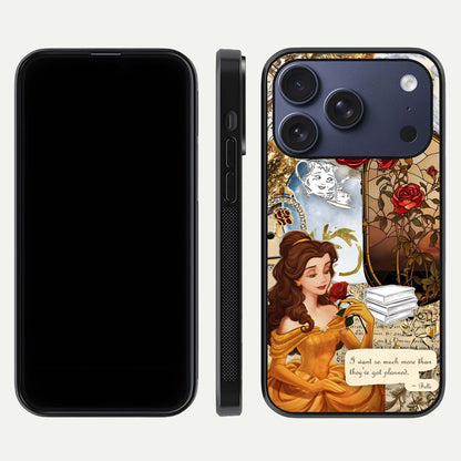 Golden Dream Belle Glass Case for iPhone 17 Pro front and back view layout displaying dreamy golden theme and smooth curvature