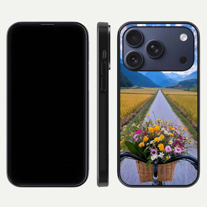 Golden Field Journey Glass Case for iPhone 17 Pro front and back view layout highlighting natural gradient and smooth glass finish