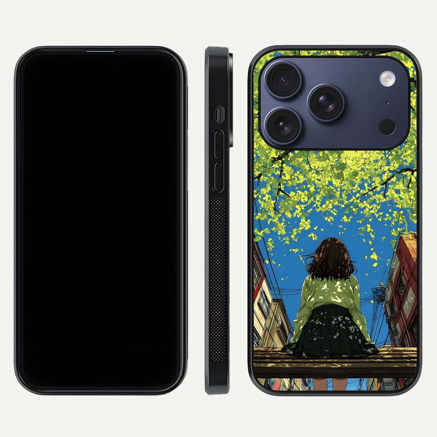 Golden Leaves Glow Glass Case for iPhone 17 Pro front and back view layout highlighting glowing tones and curved edges