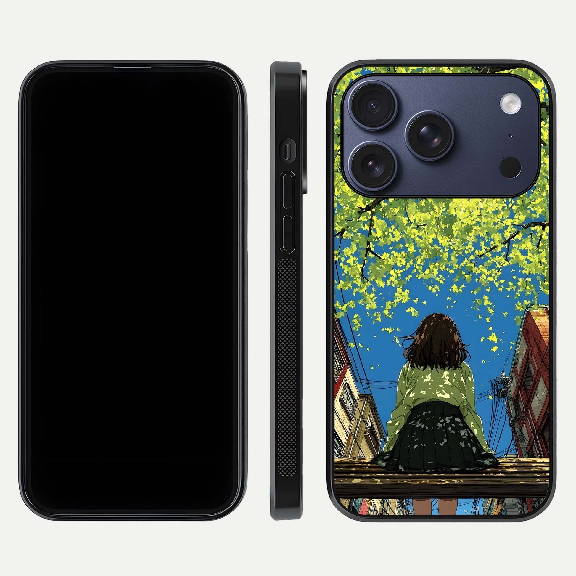 Golden Leaves Glow Glass Case for iPhone 17 Pro front and back view layout highlighting glowing tones and curved edges