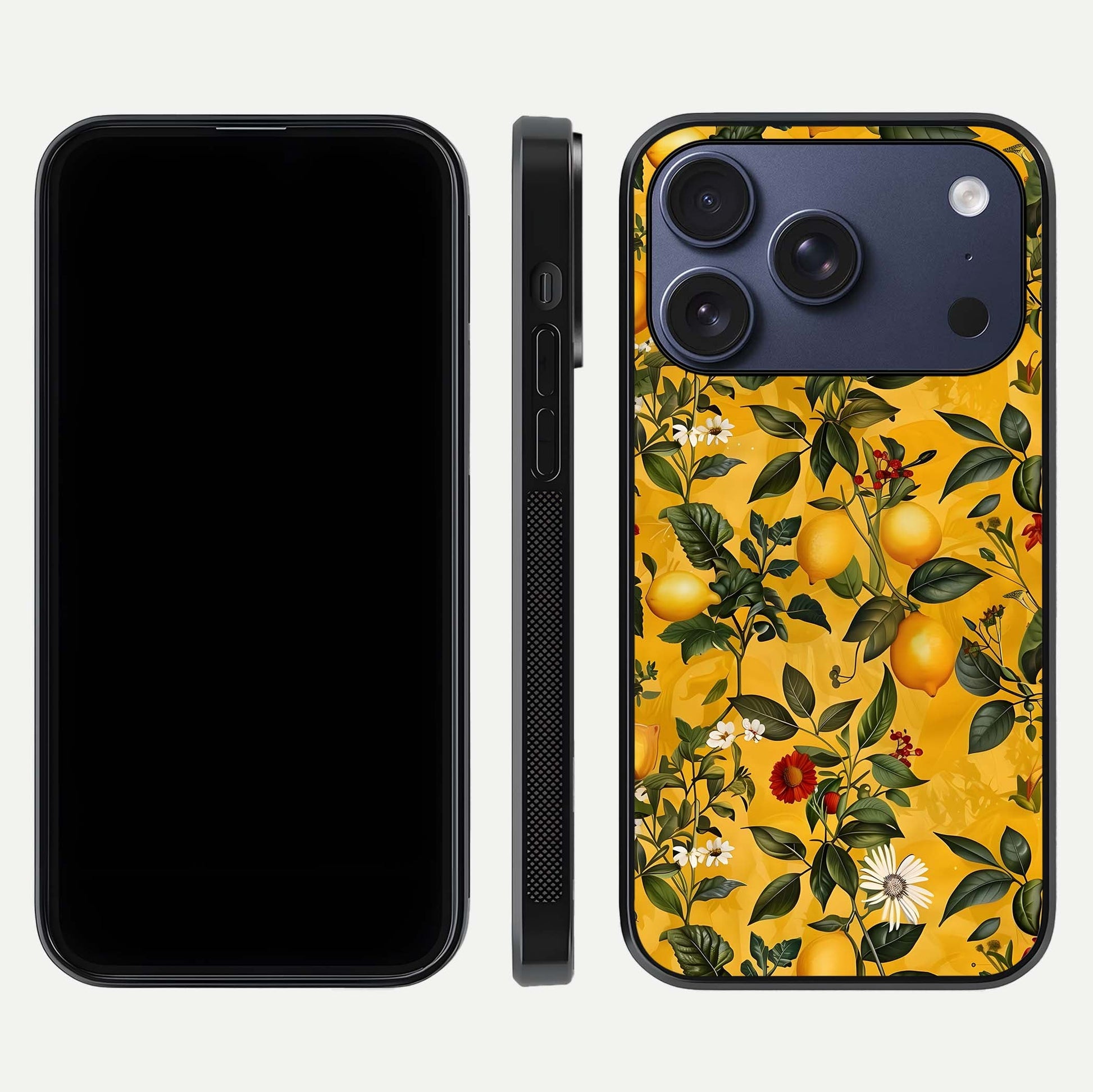 Golden Lemon Field Glass Case for iPhone 17 Pro front and back view layout highlighting fruity tones and curved glass edges