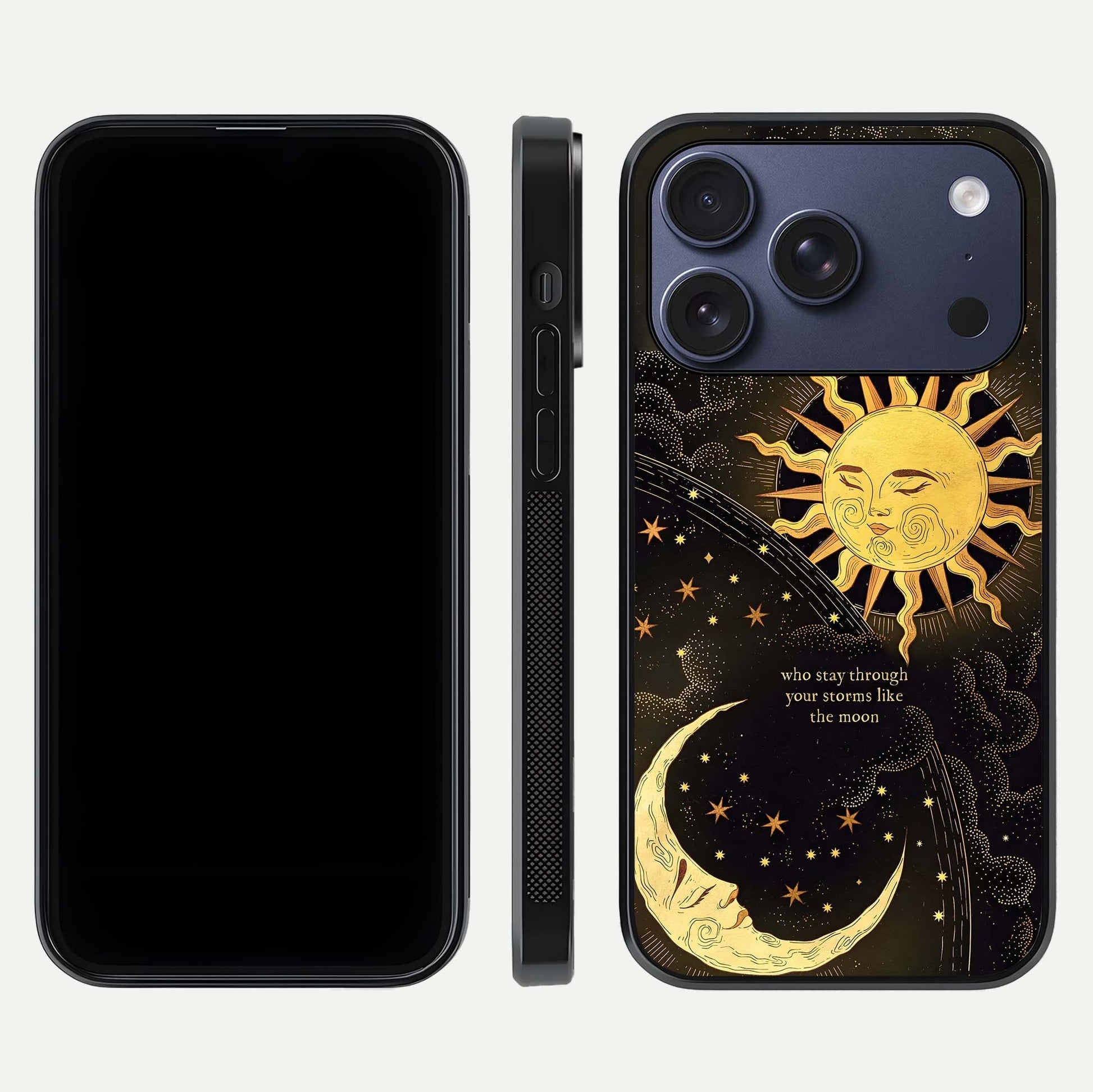 Golden Lunar Love Glass Case for iPhone 17 Pro front and back view layout highlighting celestial tones and curved edges
