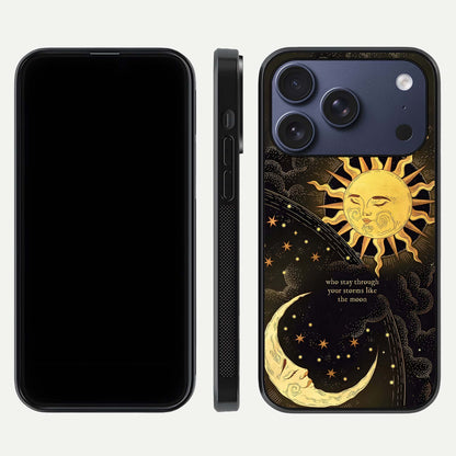 Golden Lunar Love Glass Case for iPhone 17 Pro front and back view layout highlighting celestial tones and curved edges
