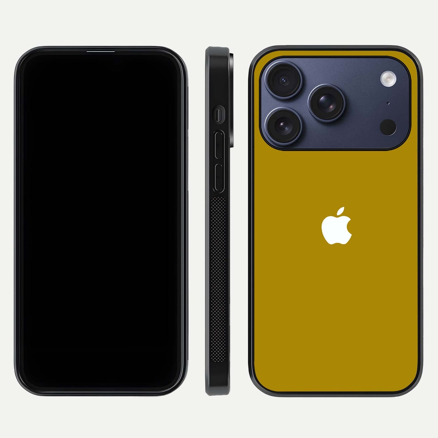 Golden Luxe Aura Glass Case for iPhone 17 Pro front and back view layout highlighting premium tone and curved glass
