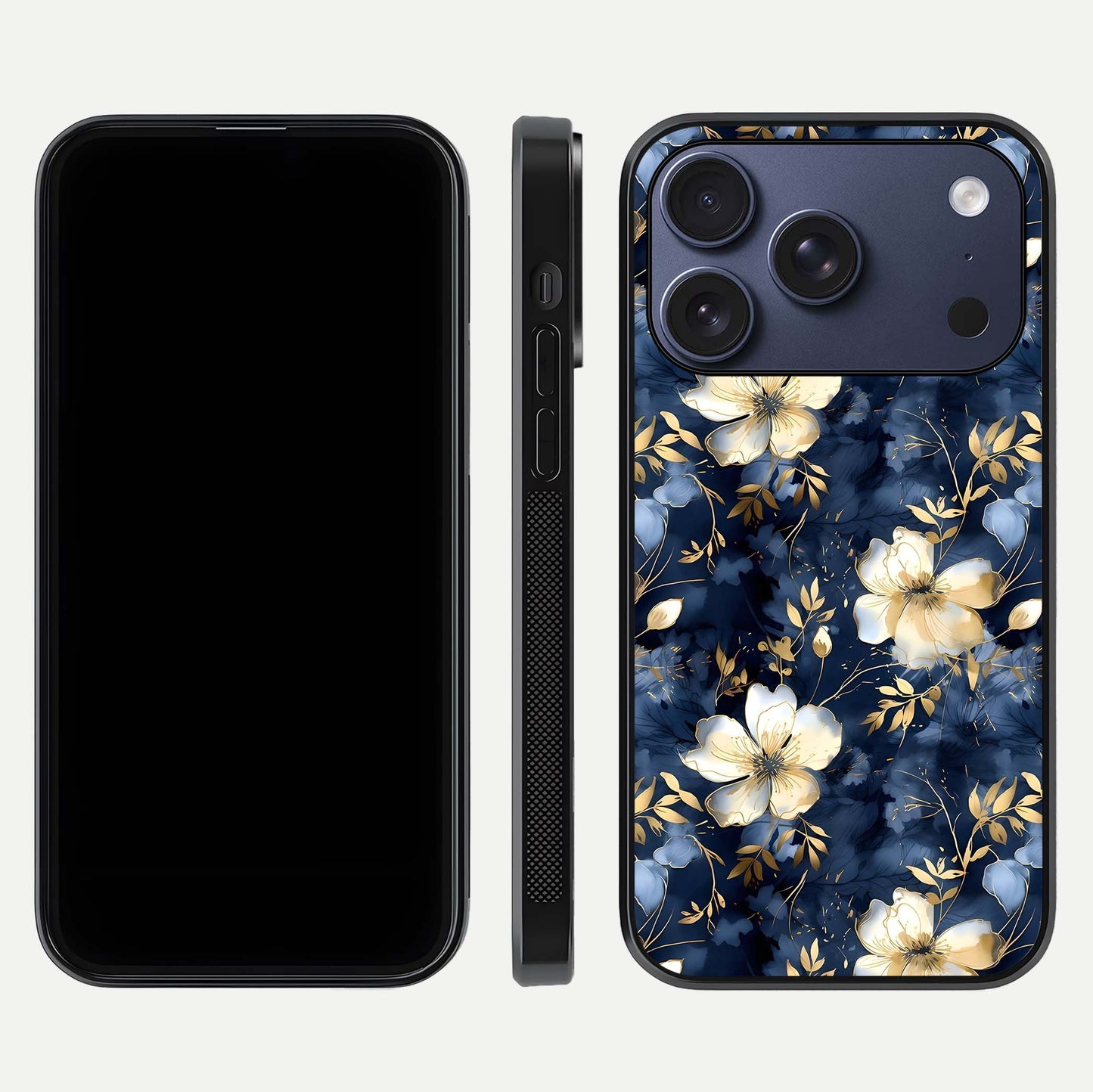 Golden Midnight Bloom Glass Case for iPhone 17 Pro front and back view layout highlighting dark-gold tones and smooth curves