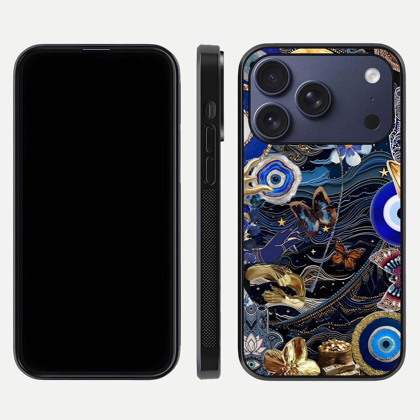 Golden Moon Magic Glass Case for iPhone 17 Pro front and back view layout highlighting celestial tones and curved glass