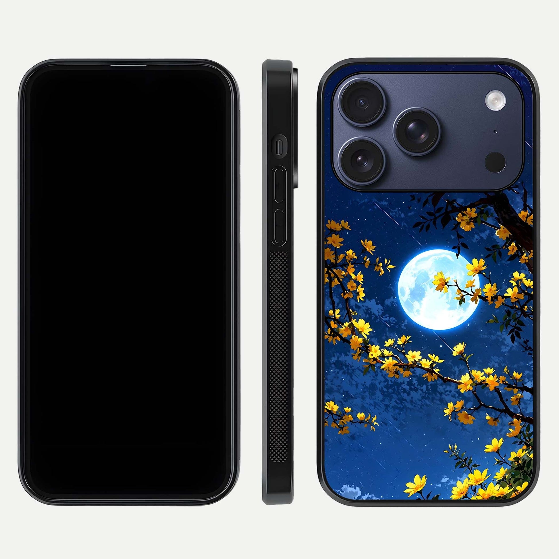 Golden Night Glow Glass Case for iPhone 17 Pro front and back view layout displaying metallic glow and curved glass edge