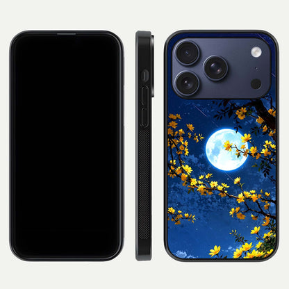 Golden Night Glow Glass Case for iPhone 17 Pro front and back view layout displaying metallic glow and curved glass edge