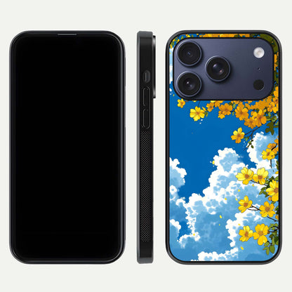 Golden Petal Sky Glass Case for iPhone 17 Pro front and back view layout highlighting floral pattern and curved glass edges