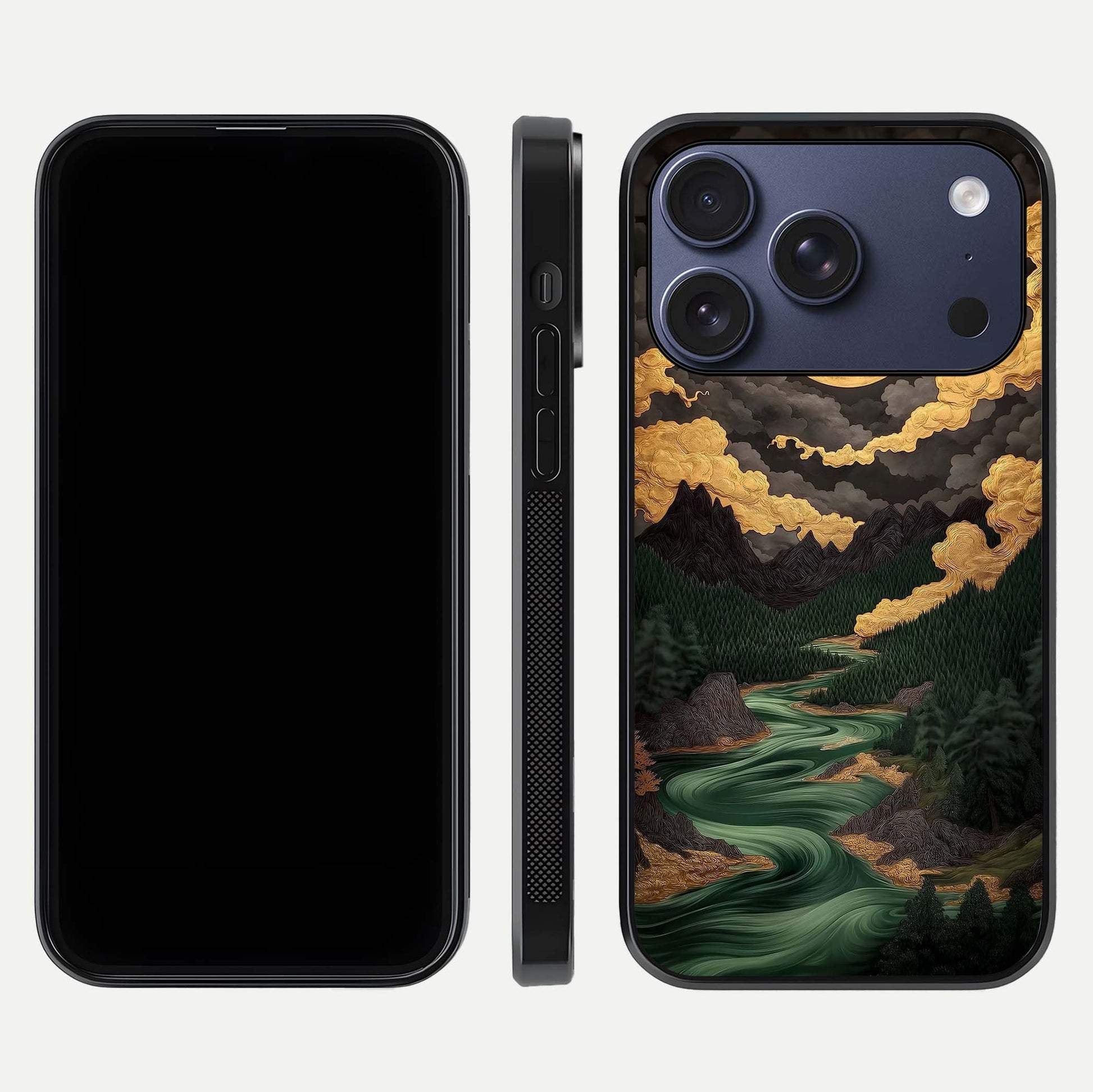 Golden River Moon Glass Case for iPhone 17 Pro front and back view layout displaying celestial glow and smooth curves