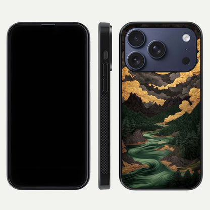 Golden River Moon Glass Case for iPhone 17 Pro front and back view layout displaying celestial glow and smooth curves