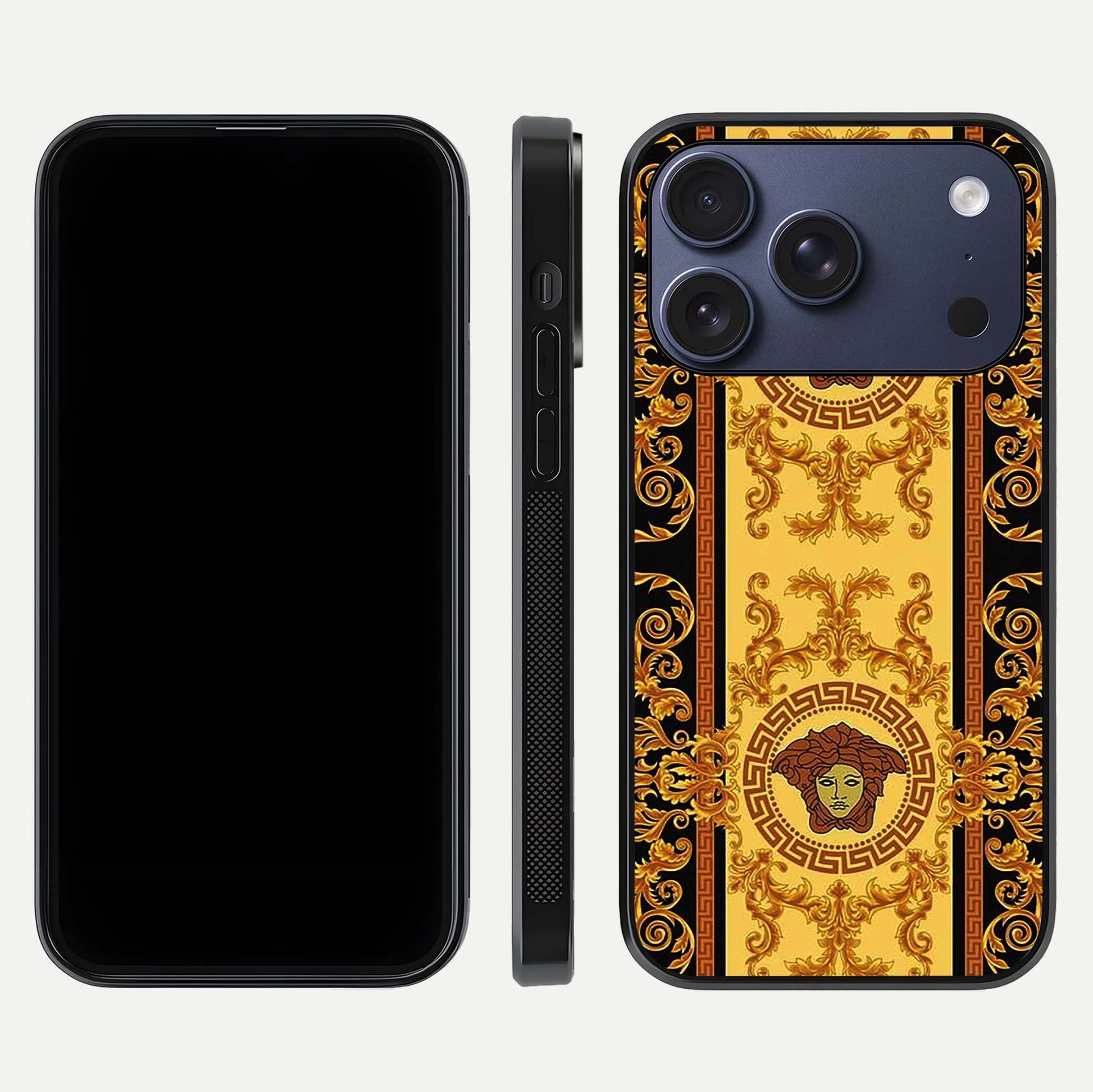 Golden Royal Heritage Glass Case for iPhone 17 Pro front and back view layout displaying ornate gold texture and curved edges