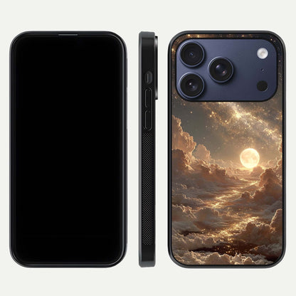 Golden Sky Dream Glass Case for iPhone 17 Pro front and back view layout highlighting celestial gold hues and curved glass
