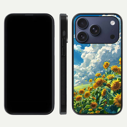 Golden Sun Glory Glass Case for iPhone 17 Pro front and back view layout displaying bright golden tones and curved edges