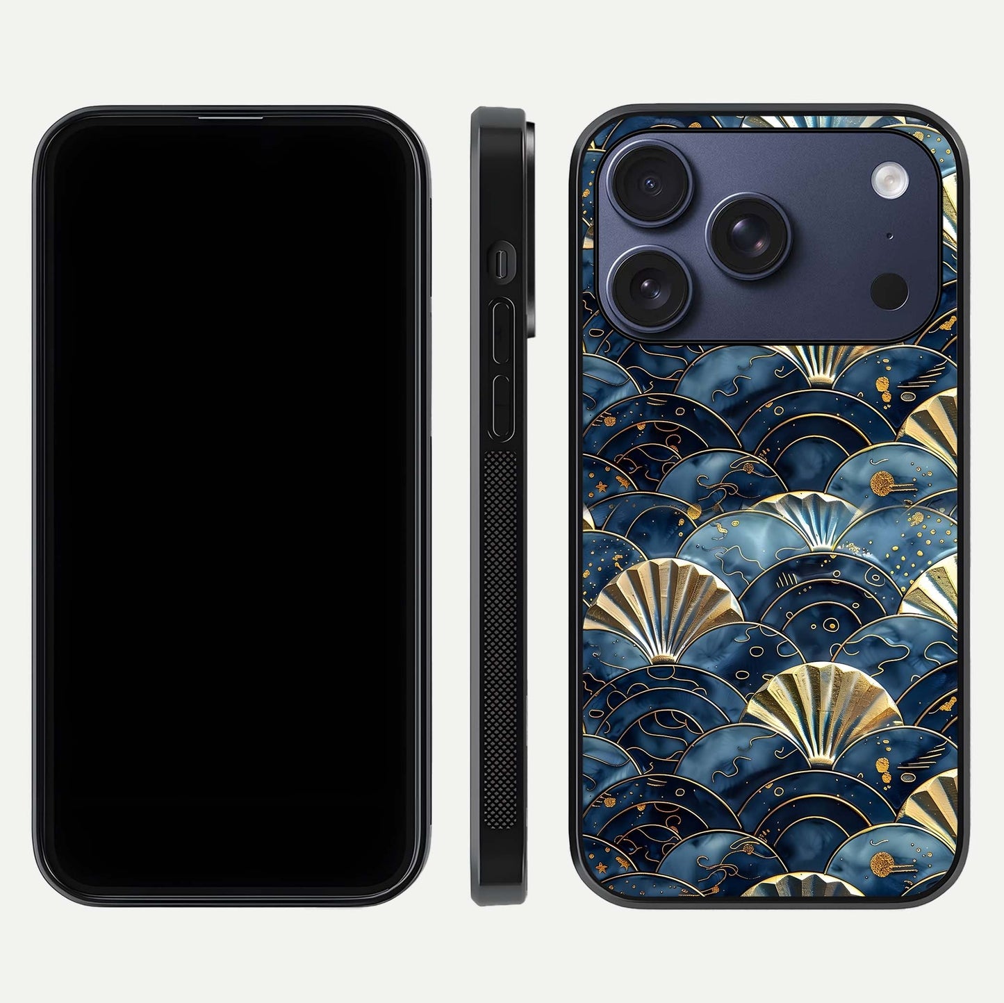 Golden Wave Luxe Glass Case for iPhone 17 Pro front and back view layout highlighting fluid gold design and curved glass