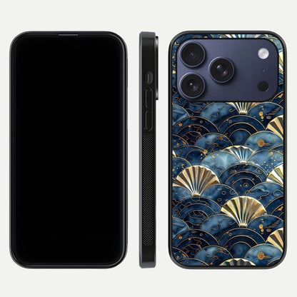Golden Wave Luxe Glass Case for iPhone 17 Pro front and back view layout highlighting fluid gold design and curved glass