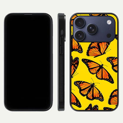Golden Wing Flight Glass Case for iPhone 17 Pro front and back view layout highlighting graceful lines and curved glass