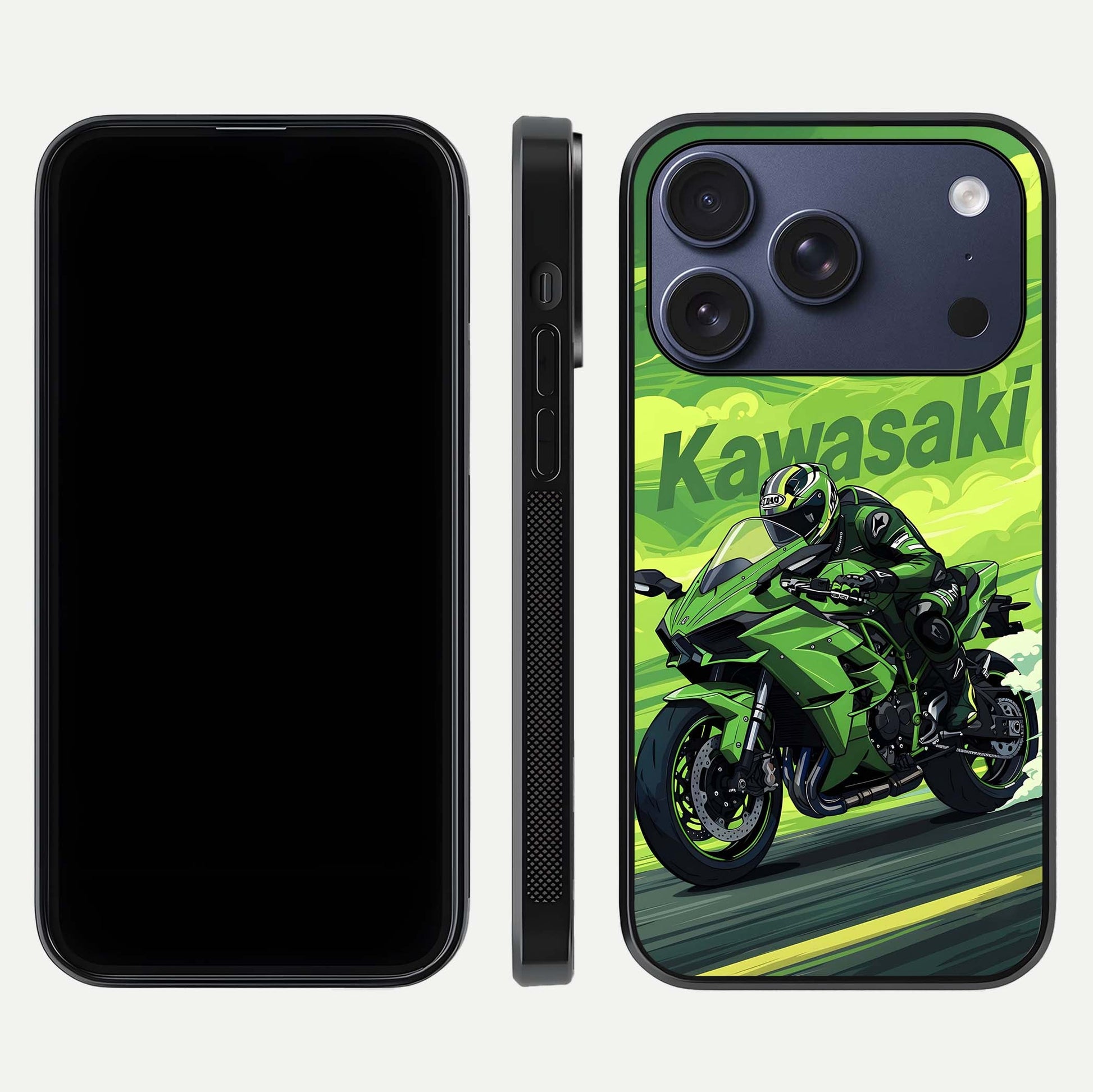Green Kawasaki Glass Case for iPhone 17 Pro front and back view layout highlighting vivid green tones and curved glass edges
