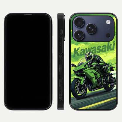 Green Kawasaki Glass Case for iPhone 17 Pro front and back view layout highlighting vivid green tones and curved glass edges