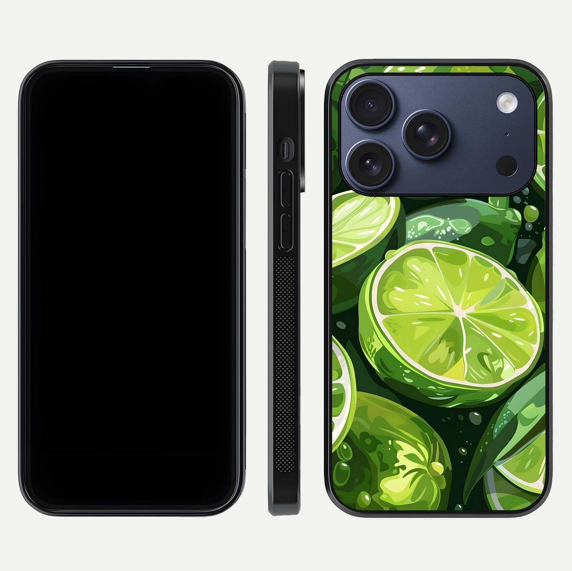 Green Lemon Glass Case for iPhone 17 Pro front and back view layout displaying vibrant yellow-green hues and smooth edges