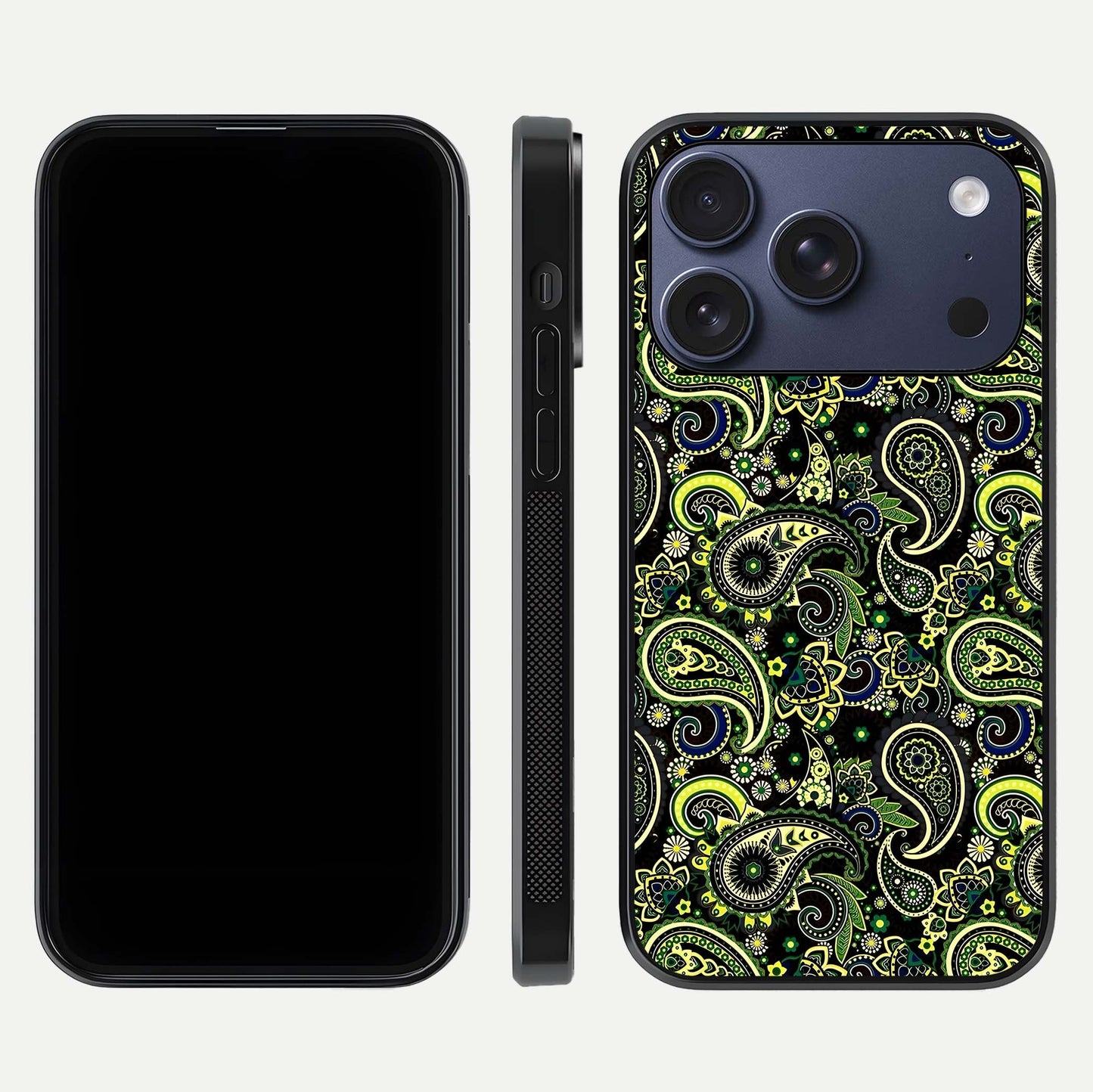 Green Mandala Pattern Glass Case for iPhone 17 Pro front and back view layout highlighting geometric art and curved glass