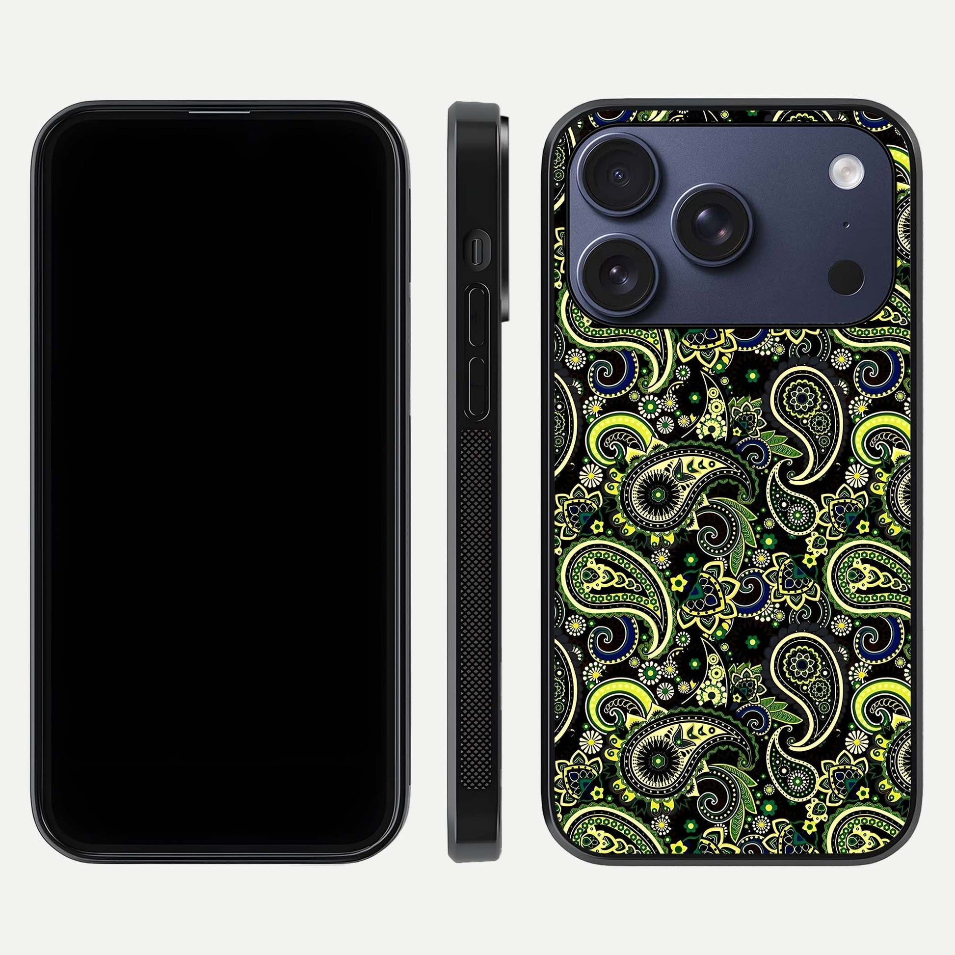 Green Mandala Pattern Glass Case for iPhone 17 Pro front and back view layout highlighting geometric art and curved glass