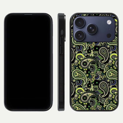 Green Mandala Pattern Glass Case for iPhone 17 Pro front and back view layout highlighting geometric art and curved glass