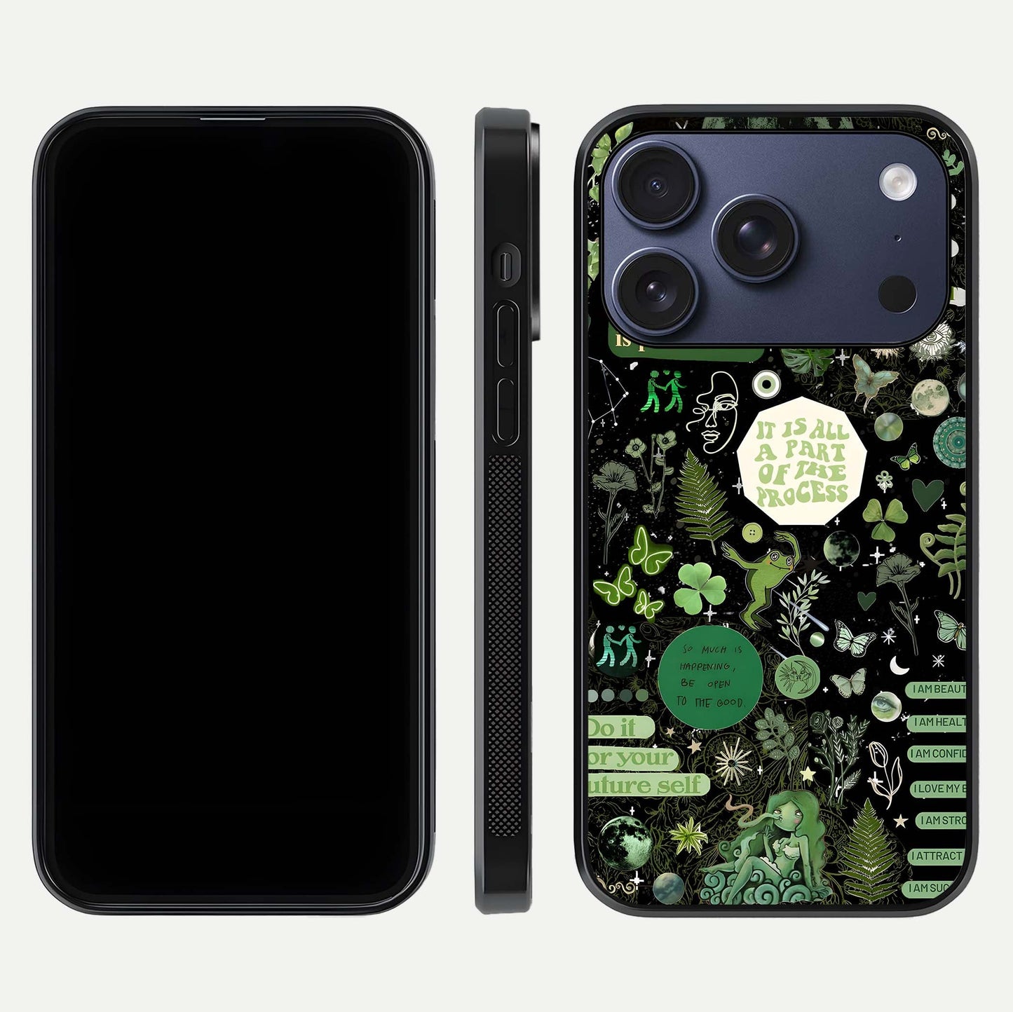 Green Moon Energy Glass Case for iPhone 17 Pro front and back view layout highlighting cosmic tones and smooth edges