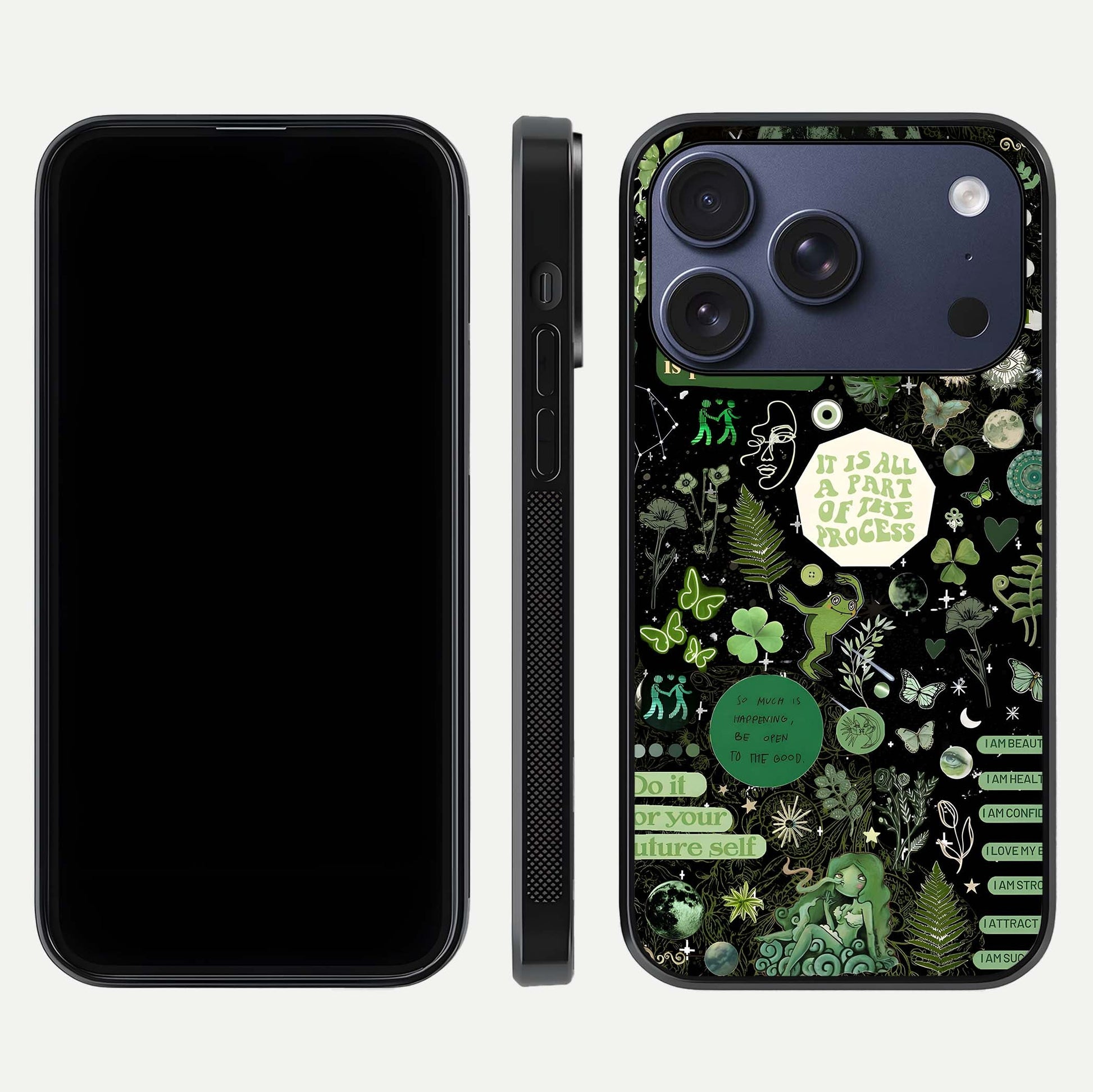 Green Moon Energy Glass Case for iPhone 17 Pro front and back view layout highlighting cosmic tones and smooth edges