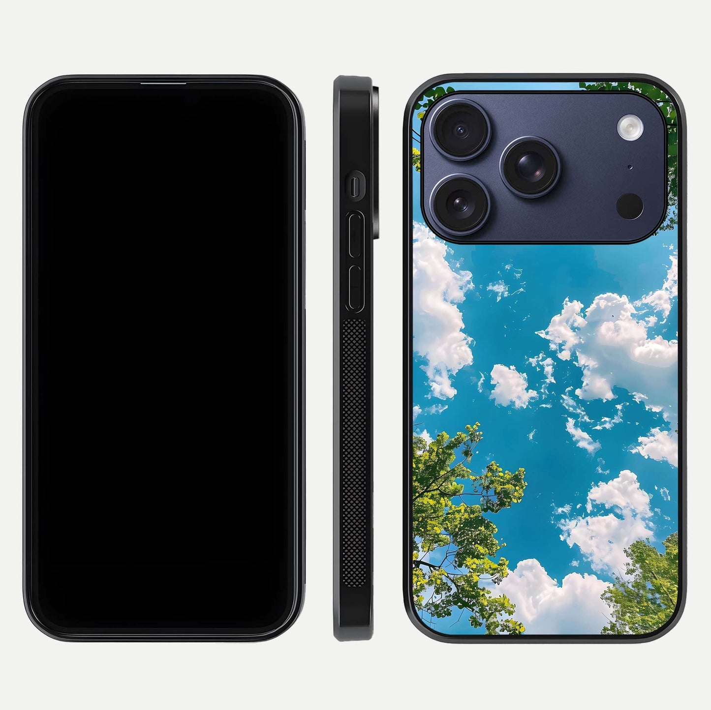 Greenery Sky Glass Case for iPhone 17 Pro front and back view layout displaying scenic green-blue gradient and curved edges