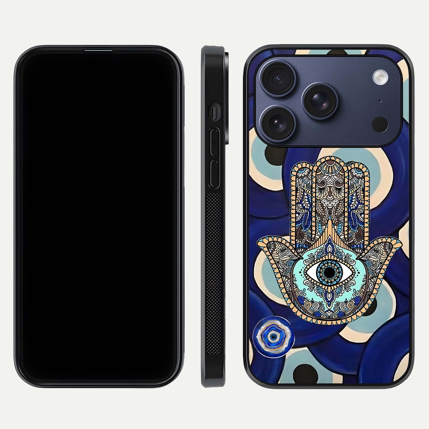 Hamsa Divine Guard Glass Case for iPhone 17 Pro front and back view layout highlighting spiritual artwork and smooth edges