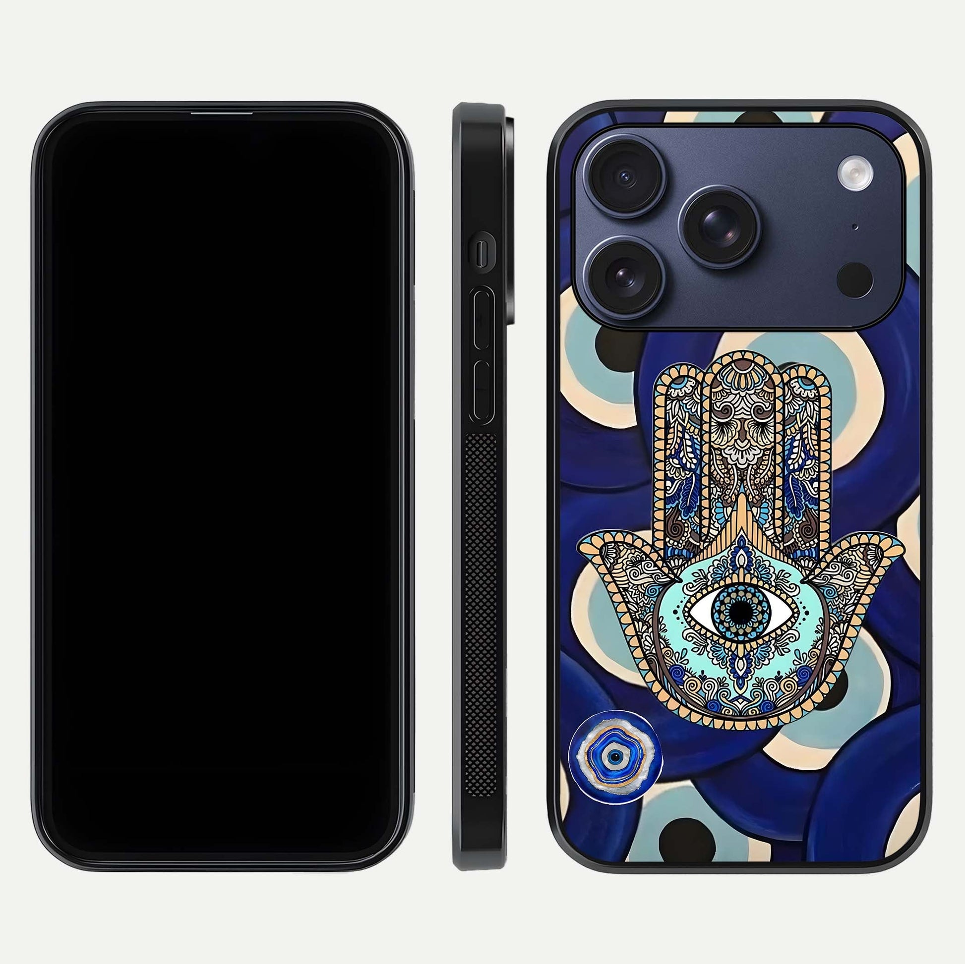 Hamsa Divine Guard Glass Case for iPhone 17 Pro front and back view layout highlighting spiritual artwork and smooth edges