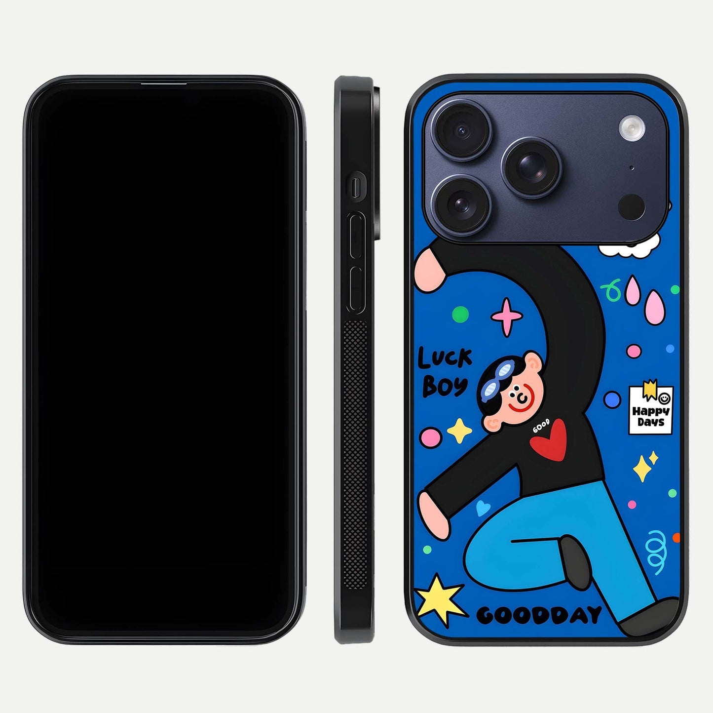 Happy Luck Vibe Glass Case for iPhone 17 Pro front and back view layout highlighting positive motif and curved edges