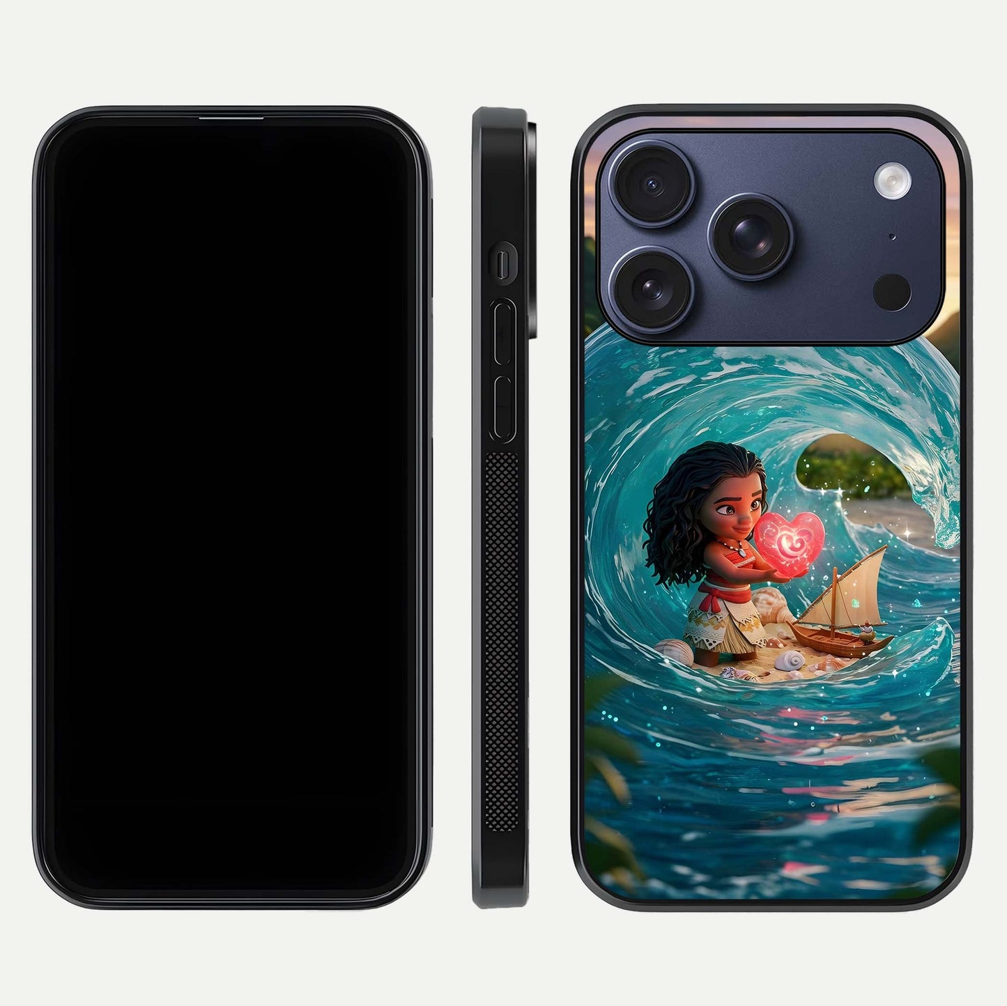 Heart of Ocean Glass Case for iPhone 17 Pro front and back view layout highlighting sea-themed art and curved glass edges