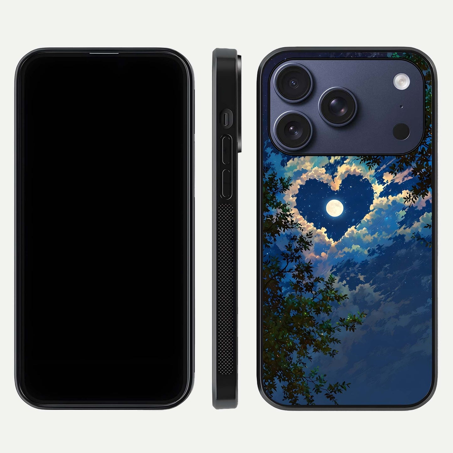 Heart with Moon Sky Glass Case for iPhone 17 Pro front and back view layout displaying celestial tones and curved glass
