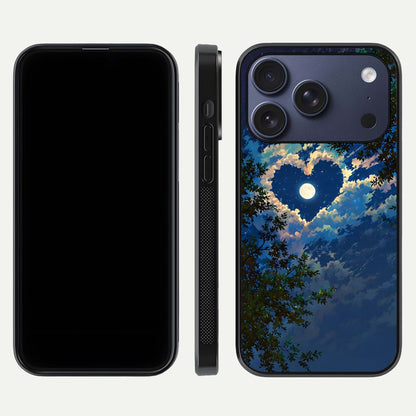 Heart with Moon Sky Glass Case for iPhone 17 Pro front and back view layout displaying celestial tones and curved glass
