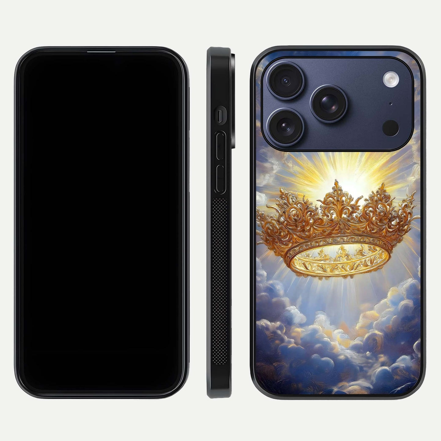 Heavenly Crown Light Glass Case for iPhone 17 Pro front and back view layout highlighting golden aura tones and curved glass edges