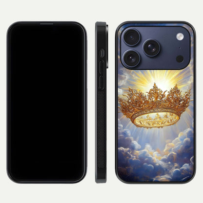 Heavenly Crown Light Glass Case for iPhone 17 Pro front and back view layout highlighting golden aura tones and curved glass edges