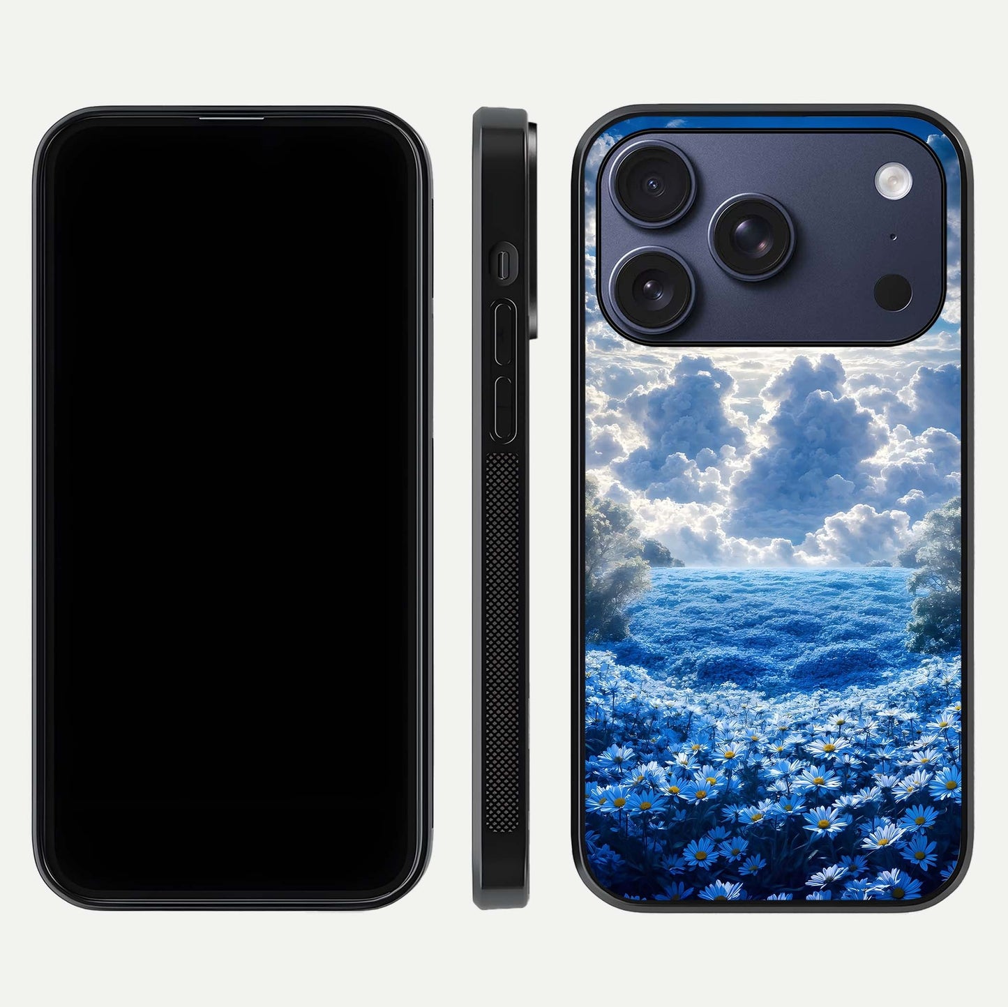 Heavenly Daisy Horizon Glass Case for iPhone 17 Pro front and back view layout highlighting floral field tones and curved edges