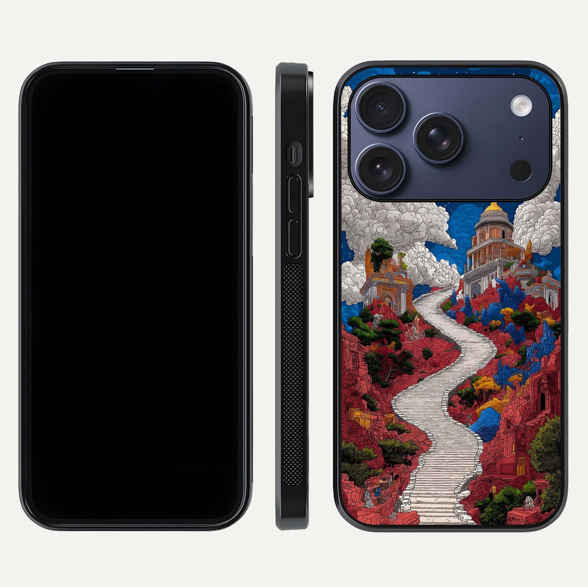 Heavenly Moon Path Glass Case for iPhone 17 Pro front and back view layout displaying night sky tones and curved glass edges