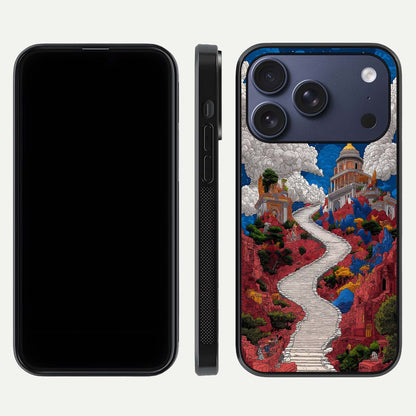 Heavenly Moon Path Glass Case for iPhone 17 Pro front and back view layout displaying night sky tones and curved glass edges