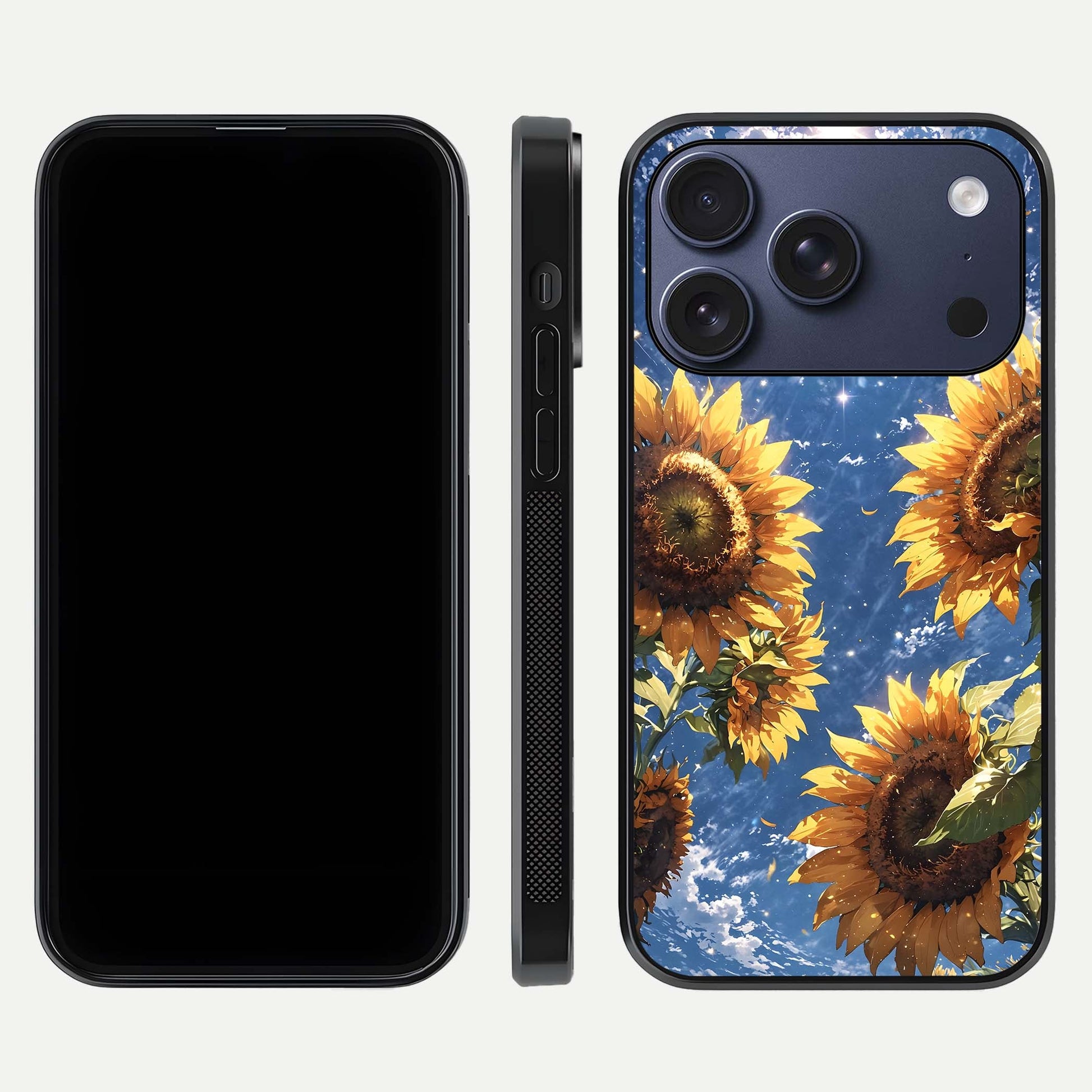 Heavenly Sunflower Rise Glass Case for iPhone 17 Pro front and back view layout highlighting golden floral tones and curved edges