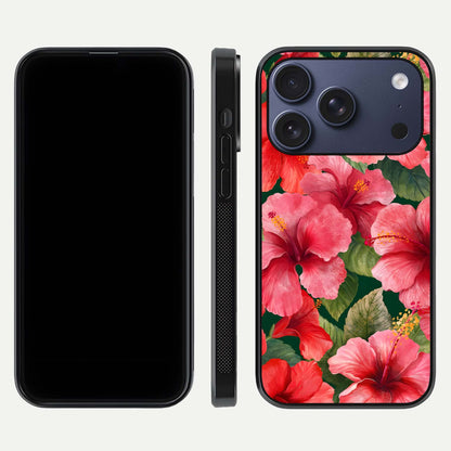Hibiscus Pattern Glass Case for iPhone 17 Pro front and back view layout highlighting tropical design and curved glass edges