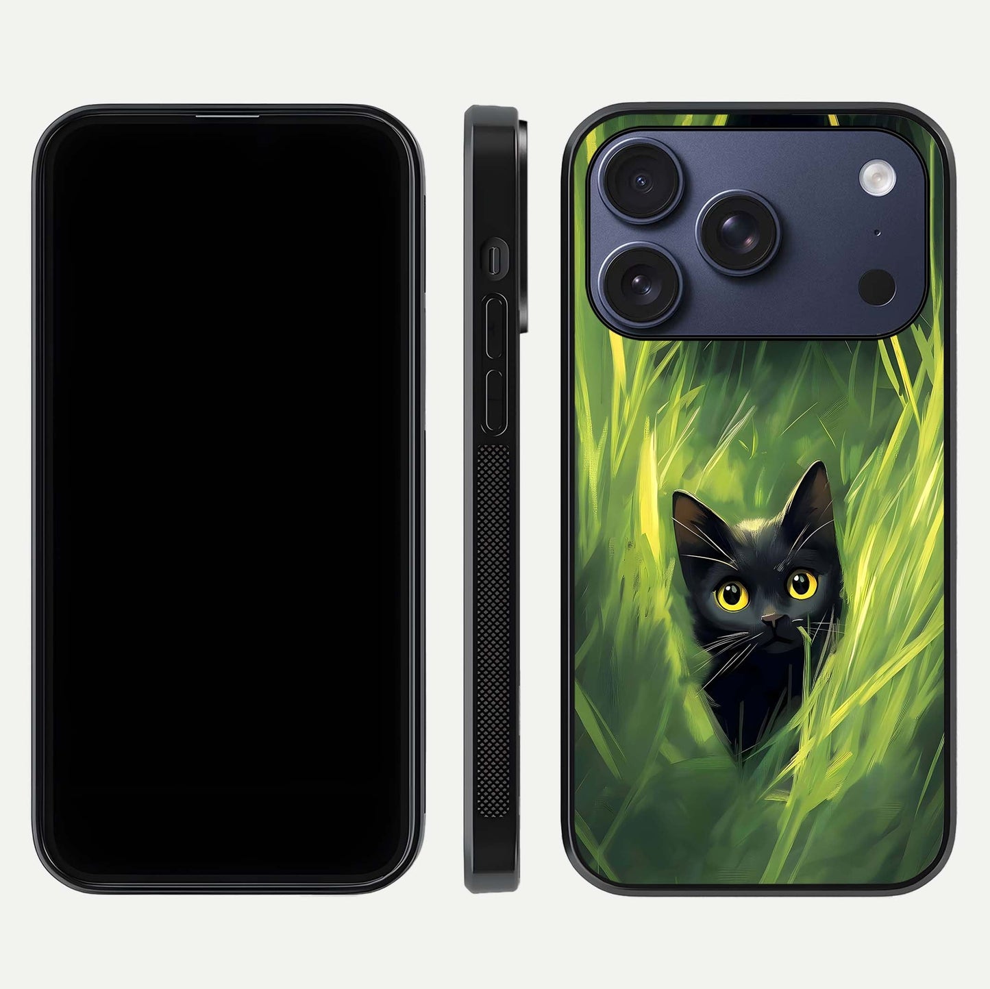 Hidden Cat Whisper Glass Case for iPhone 17 Pro front and back view layout highlighting minimalist art and curved edges